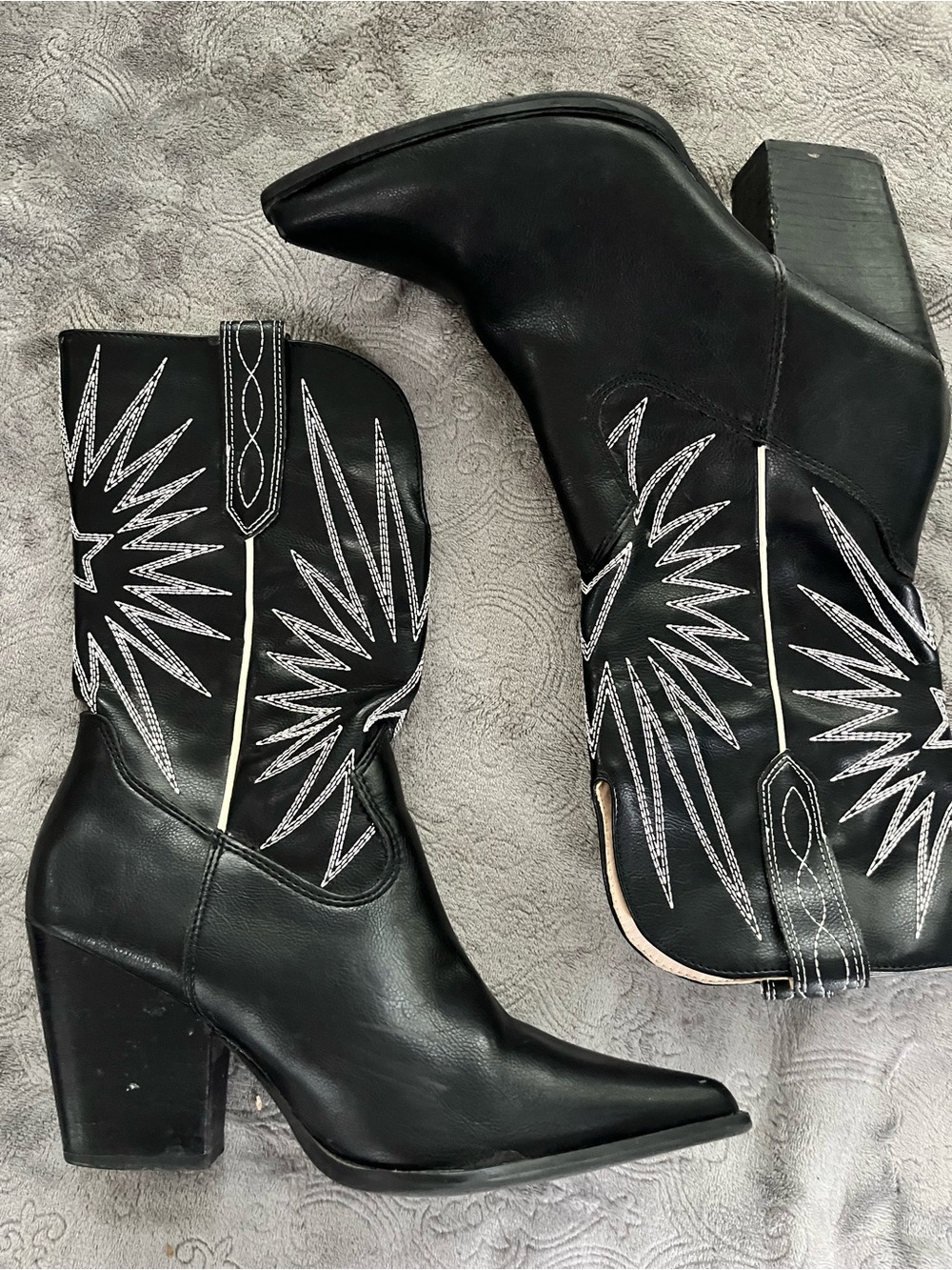 Black Western Ankle Boots White Stitching Chunk Heel Size 10